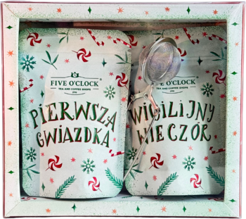 Świąteczny zestaw Five O'Clock: herbaty 'Pierwsza Gwiazdka', 'Wigilijny Wieczór' i zaparzacz w białym pudełku prezentowym.