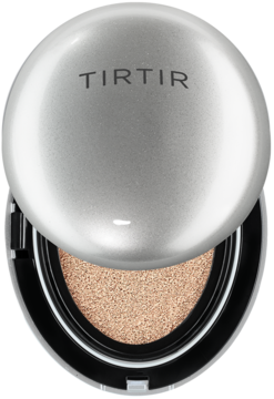 Otwarty, srebrny nawilżający podkład TIRTIR Mask Fit Aura Cushion Mini, widoczny jasnobeżowy wkład. Widok z góry.