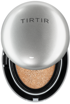 TIRTIR Mask Fit Aura Cushion Mini, 21C Cool Ivory. Otwarty, srebrny kompakt z nawilżającym podkładem typu cushion.