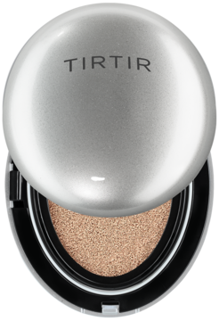 Srebrny TIRTIR Mask Fit Aura Cushion 29N Natural Beige, widok z góry z otwartym wieczkiem, widoczny podkład.