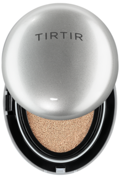 Otwarty TIRTIR Mask Fit Aura Cushion 24N Latte, srebrne opakowanie z widocznym beżowym podkładem.