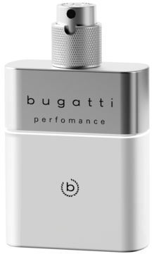 Bugatti Performance Silver Metal, męska woda toaletowa, elegancka biało-srebrna butelka z logo, widok z przodu.