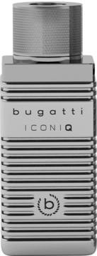 Bugatti Iconiq Platinum woda toaletowa, srebrna butelka z żebrowanym korpusem i metalicznym korkiem.