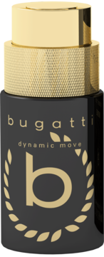 Czarna butelka wody perfumowanej Bugatti Dynamic Move ze złotym korkiem i logo 'b' z wieńcem, widok z przodu.