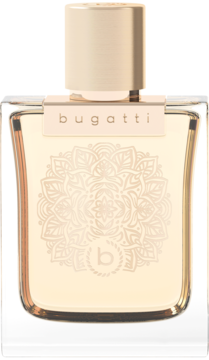 Bugatti Bella Donna Dolce Amore woda perfumowana, szklana butelka z bursztynowym płynem i ozdobnym wzorem, przód.