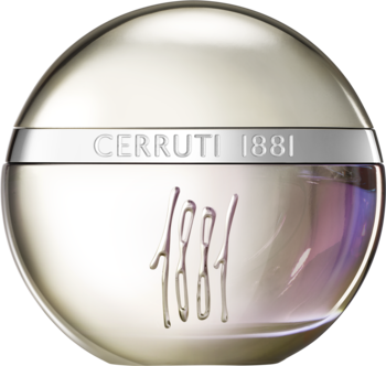 Cerruti 1881 Rêve de Roses, okrągła, srebrna butelka damskiej wody perfumowanej z różanym zapachem, widok z przodu.