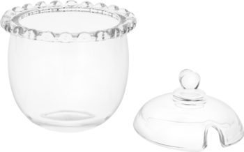 Szklana cukiernica z ozdobnym falistym brzegiem i pokrywką z kulkowym uchwytem oraz wycięciem na łyżeczkę.