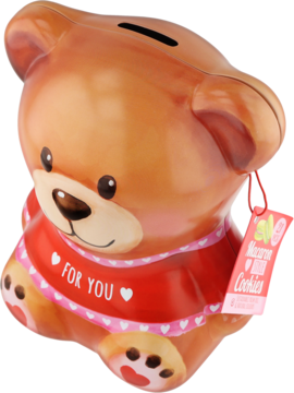 Walentynkowa puszka-miś z ciastkami, brązowa, w czerwonym swetrze z napisem FOR YOU, widok pod kątem.