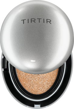 Otwarty, srebrny kompakt TIRTIR Mask Fit Aura Cushion z nawilżającym podkładem w odcieniu 21C Cool Ivory.