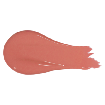 Duże zbliżenie na lśniącą, brzoskwiniowo-nude smugę nawilżającego olejku do ust Tuli Labs Essential Perfect Nude.