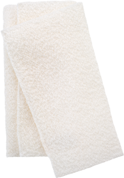 Złuszczająca myjka do ciała Organic Touch, kremowa, złożona, widok z góry, z naturalnej bawełny organicznej.