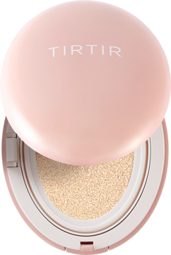Różowy podkład TIRTIR Mask Fit All Cover Cushion Mini, otwarty, widok z góry, z beżowym produktem w środku.