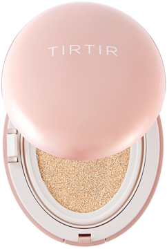 Otwarty różowy TIRTIR Cushion Mini, beżowy matowy podkład w gąbeczce, widok z góry pod kątem.
