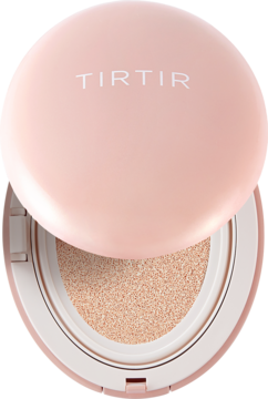 Otwarty różowy TIRTIR Mask Fit All Cover Cushion Mini 21C Cool Ivory, widok z góry na beżowy wkład matujący.
