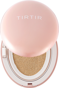 Otwarty, różowy kompakt TIRTIR Mask Fit All Cover Cushion Mini 24W Soft Beige, z beżowym matującym podkładem, widok z góry.