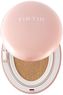 Otwarty różowy podkład TIRTIR Mask Fit Cushion Mini, widok z góry na beżowy wkład.