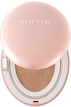 Otwarty różowy podkład do twarzy TIRTIR Mask Fit All Cover Cushion Mini 27C Cool Beige z gąbką.