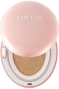 Otwarty, różowy podkład TIRTIR Mask Fit All Cover Cushion Mini 27N Camel w kompaktowej kasetce, ukazujący beżową gąbkę.