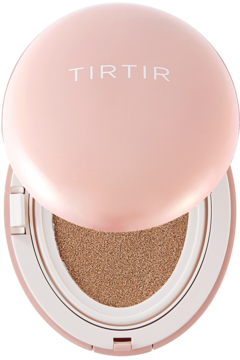 Kryjący matujący podkład TIRTIR Mask Fit All Cover Cushion Mini, otwarty, w różowym opakowaniu z beżową gąbką.