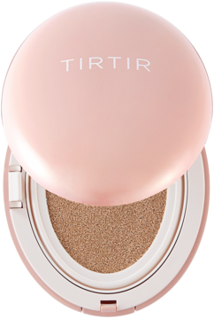Różowy, otwarty podkład TIRTIR Mask Fit All Cover Cushion 33N Macchiato, kryjący, z beżowym wkładem.