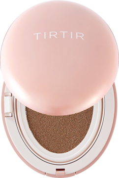 Różowy, otwarty kryjący podkład TIRTIR Mask Fit All Cover Cushion Mini 43N Deep Cocoa, widok na gąbkę.