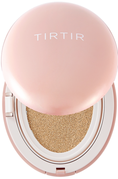 Kryjący podkład TIRTIR Mask Fit All Cover Cushion 24W Soft Beige, otwarte różowe opakowanie z beżowym wkładem.