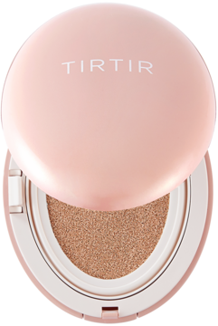 Otwarty, kryjący podkład TIRTIR Mask Fit All Cover Cushion 27C Cool Beige w różowym, owalnym opakowaniu.