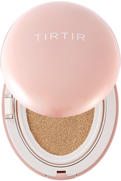 Kryjący podkład TIRTIR Mask Fit All Cover Cushion 27N Camel, różowy otwarty kompakt z beżową gąbką.