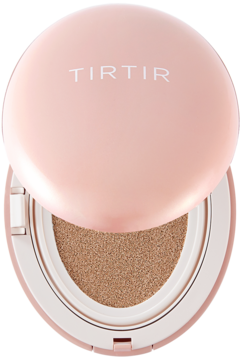 Otwarty, jasnoróżowy podkład TIRTIR Mask Fit All Cover Cushion z gąbką odcienia macchiato.