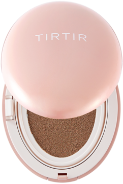 Różowy, otwarty podkład TIRTIR Mask Fit All Cover Cushion 43N Deep Cocoa, widok z góry, z widocznym kryjącym wkładem.