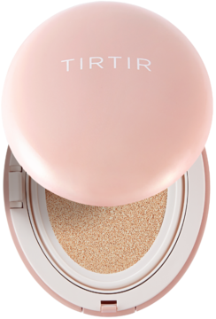 Różowy podkład TIRTIR Mask Fit All Cover Cushion 24N Latte, otwarty z widoczną gąbką, widok z góry.