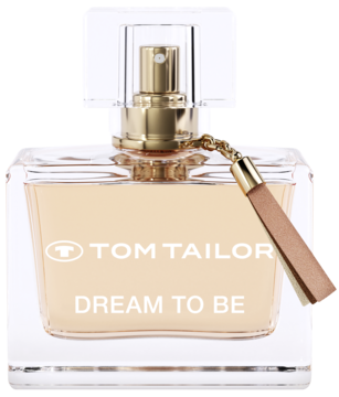 Tom Tailor Dream to Be, woda perfumowana w szklanej butelce z jasnoróżowym płynem, napisem i brązowym chwostem.