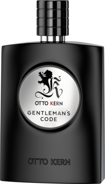 Męskie perfumy Otto Kern Gentlemans Code, czarna matowa butelka z srebrną etykietą i lwem, z przodu.