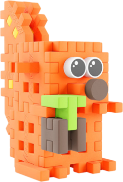 Zbudowana pomarańczowa wiewiórka z klocków Mini Waffle Pocket Pets, z oczami, nosem i literami TH, widok z boku.