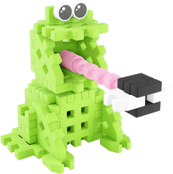 Zielona żabka Mini Waffle Pocket Pets z klocków, siedząca z otwartą paszczą i różowym językiem łapiącym czarno-biały klocek.