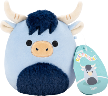 Squishmallows Toro, pluszowy niebieski yak z beżowymi rożkami i puszystą grzywą, widok z przodu.