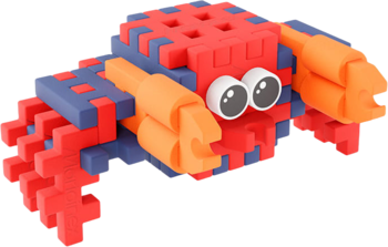 Kolorowy krab Mini Waffle Pocket Pets z klocków, czerwono-niebieski z dużymi oczami, z przodu.