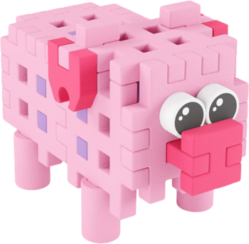 Marioinex Mini Waffle Pocket Pets: różowa świnka z klocków o teksturze waflowej, widok z przodu.