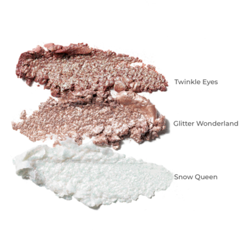 Trzy żelowe cienie Glitter Eye Pen: różowo-złoty, brąz i biały, z perłowym wykończeniem, na białym tle.