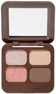 Mini Paleta cieni Apricot Dusk EVERYBODY, otwarta, z lusterkiem, 2 matowe i 2 błyszczące cienie w brązowej obudowie.
