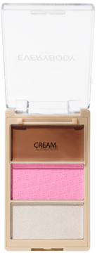 Otwarta beżowa paleta Trio Face Palette z kremowym bronzerem, różowym różem i perłowym rozświetlaczem.