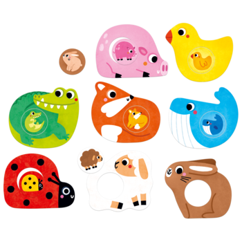 Edukacyjne układanki dla dzieci: 8 kolorowych puzzli ze zwierzętami (lis, królik, kaczka) i ich młodymi. Widok z góry.