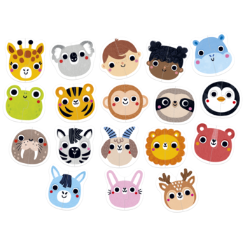 Edukacyjny zestaw: 18 dwuelementowych układanek, urocze buzie zwierzątek. Kolorowe puzzle dla dzieci, widok z góry.