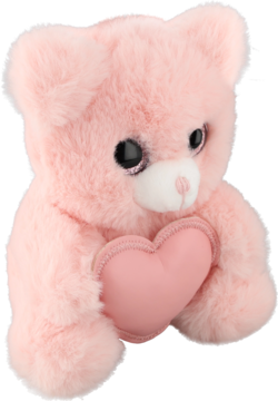 Pluszowy miś w pastelowym różu, z czarnymi oczami i białym pyszczkiem, trzyma różowe serce, widok z przodu.