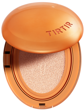 Otwarty, pomarańczowy kompakt TIRTIR Mask Fit AI Filter Cushion z widocznym jasnym, matującym podkładem, widok z góry.