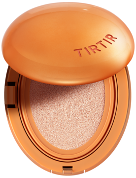Otwarty, błyszczący, pomarańczowy kompakt TIRTIR Mask Fit AI Filter Cushion, kryjący podkład matujący z jasnym wkładem.