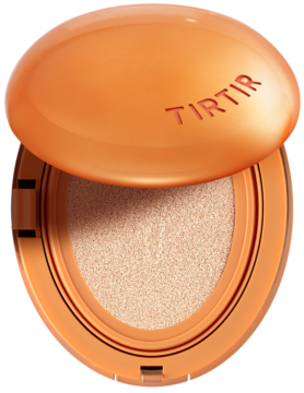 TIRTIR Mask Fit AI Filter Cushion 17N Vanilla, matujący podkład w otwartym, pomarańczowym kompakcie.