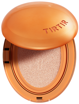 Otwarty pomarańczowo-miedziany owalny kompakt TIRTIR Mask Fit AI Filter Cushion, matujący podkład dla cery tłustej, widok z góry.