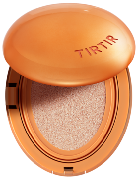 Otwarty pomarańczowy kompakt TIRTIR Mask Fit AI Filter Cushion, odcień 21C Cool Ivory, matowy podkład.