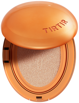 Otwarty pomarańczowy kompakt TIRTIR Mask Fit AI Filter Cushion z matującym podkładem, widok z góry.
